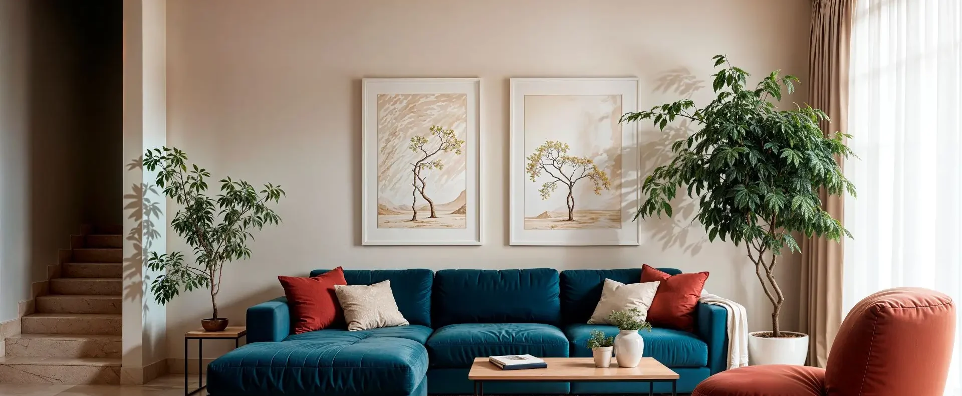 Stylish living room featuring a blue sectional sofa, red armchair, and decorative plants.